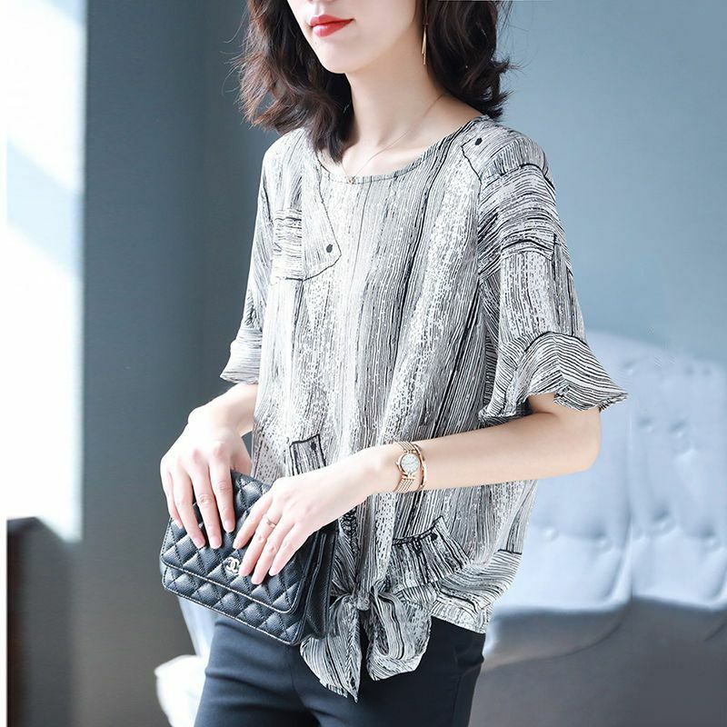 Vintage Printed Butterfly Sleeve Chiffon Bandage Blouses Women Clothing 2024 Summer New Loose All-match Tops Office Lady Shirts