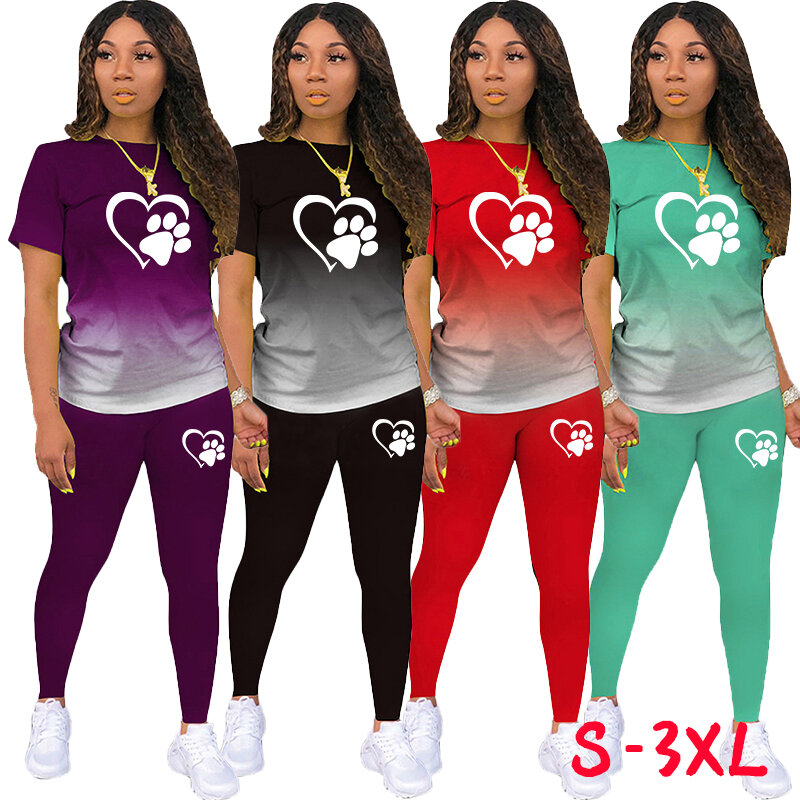 Trend Heart shaped Cat Paw Printed Women's Gradient Short sleeved Pants Casual Sports Two Piece Set 8 Colors
