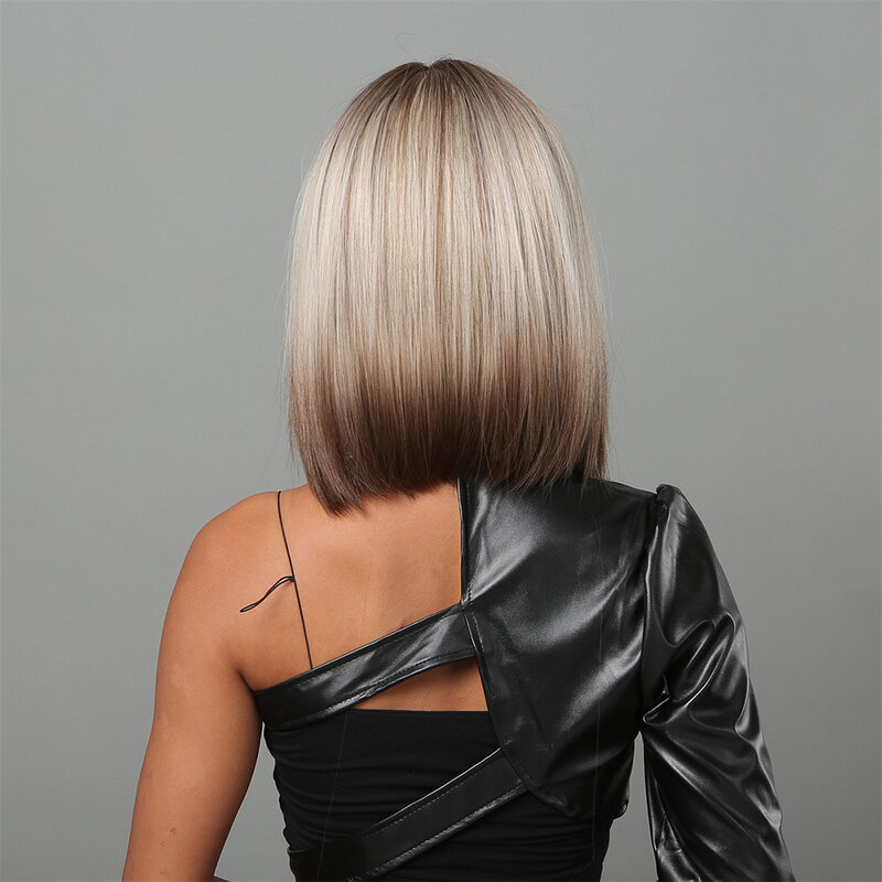 Blond do brązowego Ombre Bob peruki z grzywką krótkie proste syntetyczne włókno termoodporne sztuczne włosy dla kobiet na co dzień na imprezę Cosplay