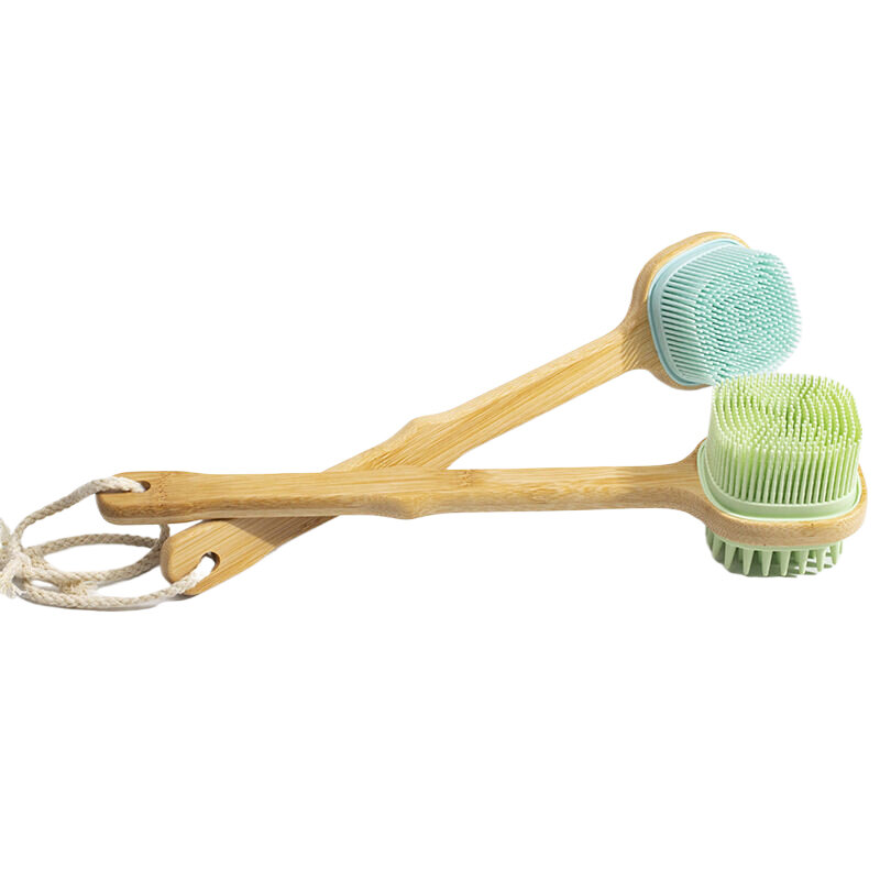 1 Buah sikat silikon kepala sikat mandi penggosok punggung dengan pegangan kayu panjang alat pembersih pijat badan pengelupasan kulit kering