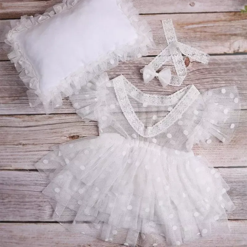 Baby girl fotografia roupas, headband + vestido + travesseiro, 3pcs