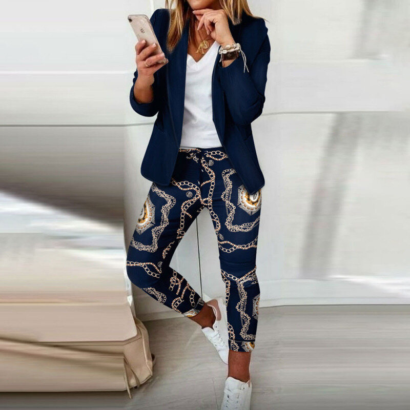 Mulheres Geometria Impressão Blazer & Calças Terno 2022 Primavera Outono Moda Calças Lápis Two Piece Set Senhora Do Escritório Casual Slim Outifits