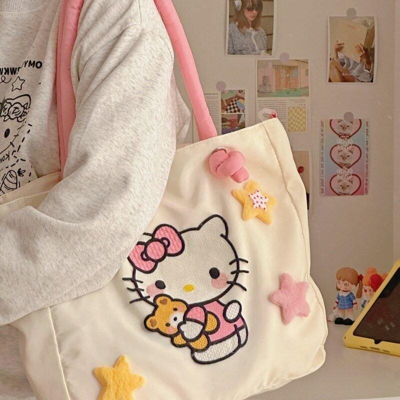 MBTI Hello Kitty damska torba Tote haft nylonowy o dużej pojemności uroczy kreskówkowa torba na ramię torebka damska dojeżdżający do pracy