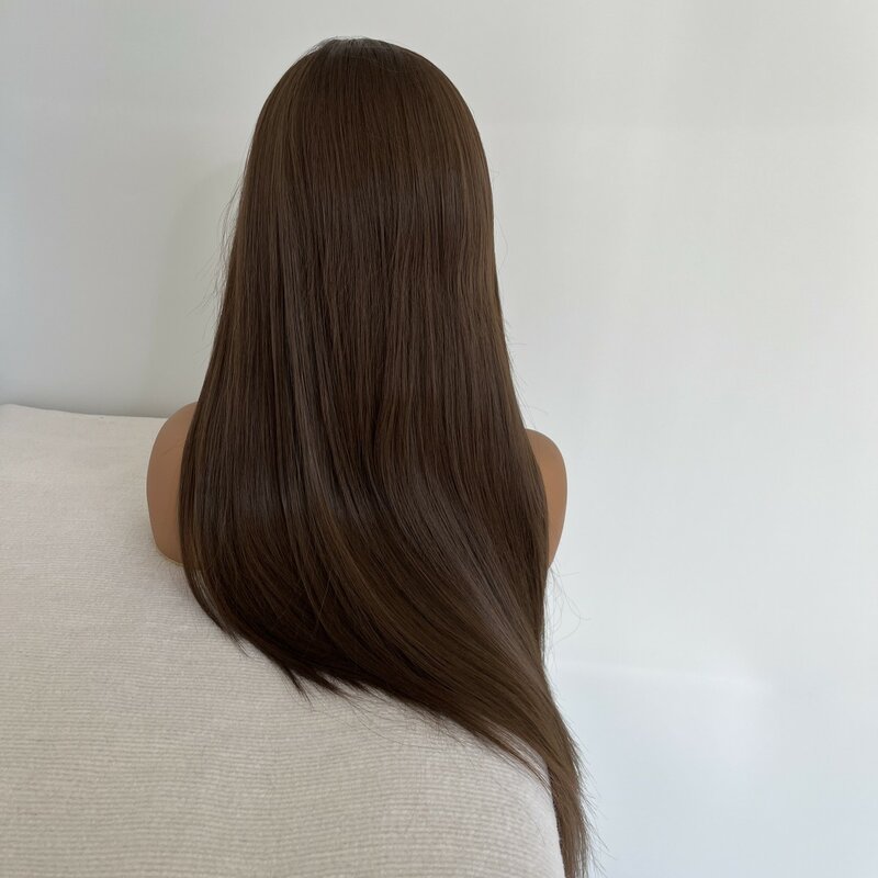 Wig warna coklat muda, rambut palsu tahan panas panjang renda depan tanpa lem kepala penuh