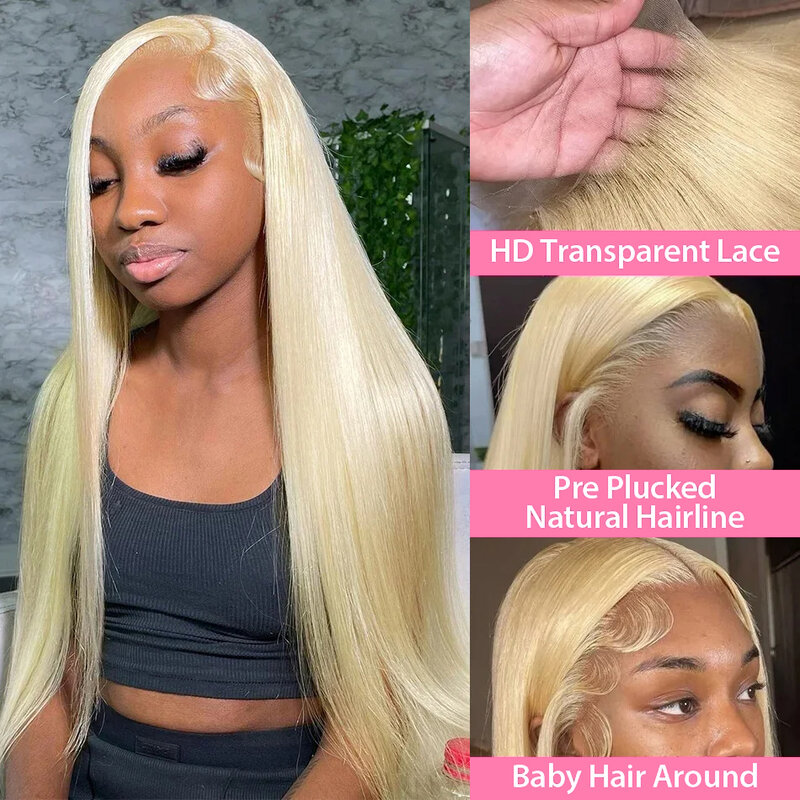 Perruque Lace Front Wig naturelle brésilienne, cheveux lisses, blond 613, 13x6, 13x4, pre-plucked, transparent HD, pour femmes