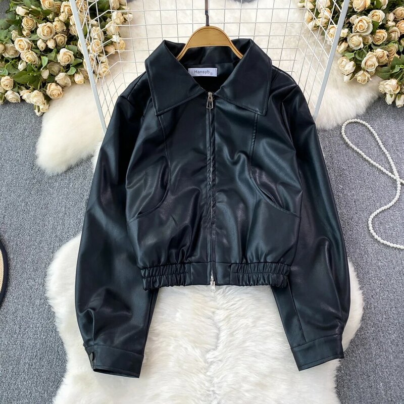 Korean Short Faux Leather Jacket Women Loose Spring Autumn New Lapel Long Sleeve Female PU Biker Jacket Casual Streetwear Black