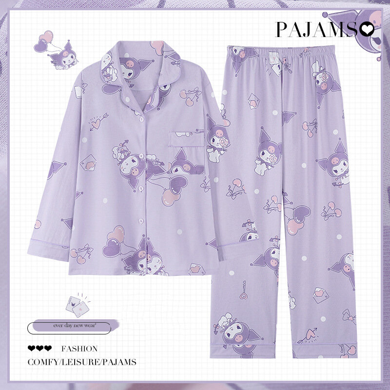 Pyjama Kuromi à manches longues pour femmes, pur coton, dessin animé japonais mignon, vêtements de maison pour étudiants, INS, printemps, automne, 2024