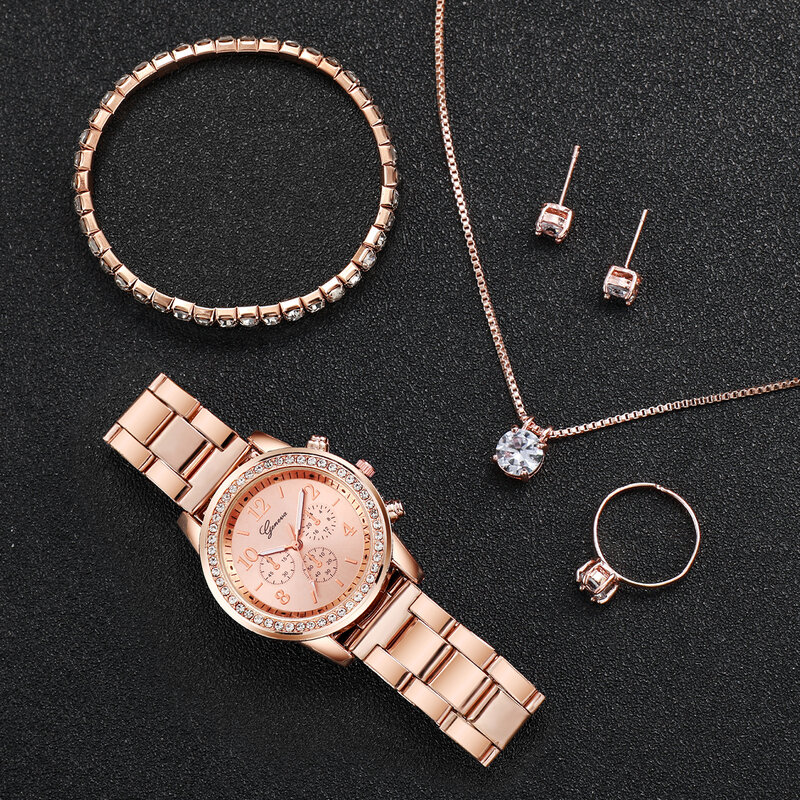 6pcs/set Fashion Women Stainless Steel Crystal Quartz Watch & Diamond Jewelry Set