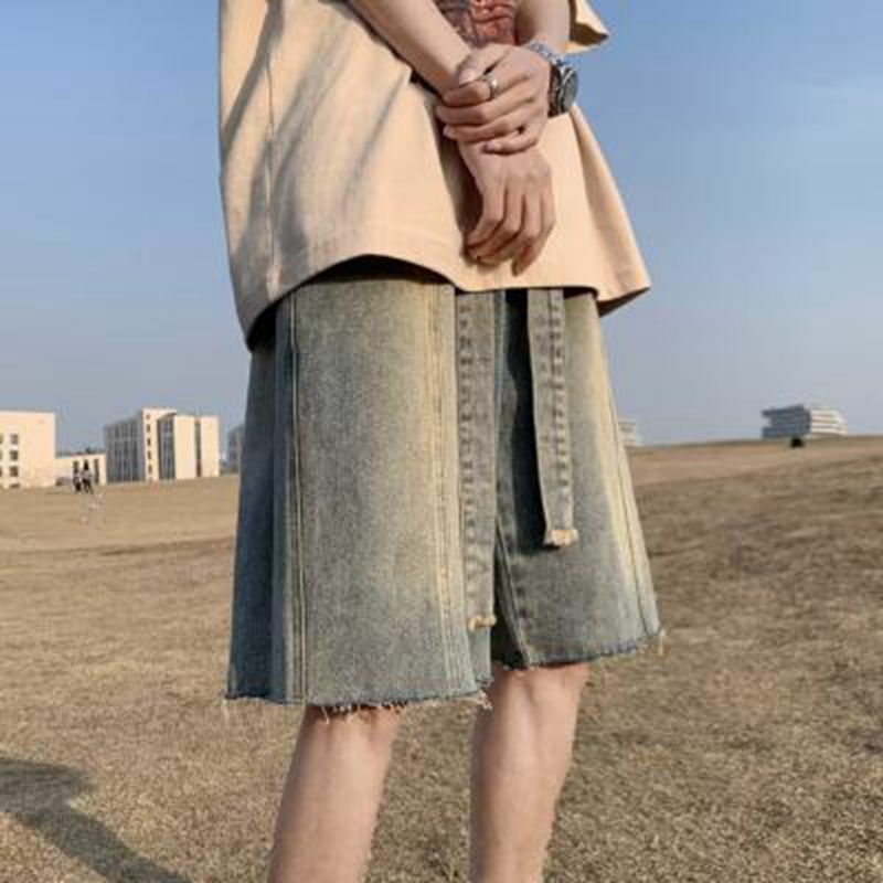 กางเกงลำลองขาสั้นขากว้างสำหรับผู้ชายกางเกงยีนส์ทรงหลวมแนวสตรีทแวร์สไตล์เกาหลีสำหรับผู้ชาย celana pendek DENIM ฤดูร้อน