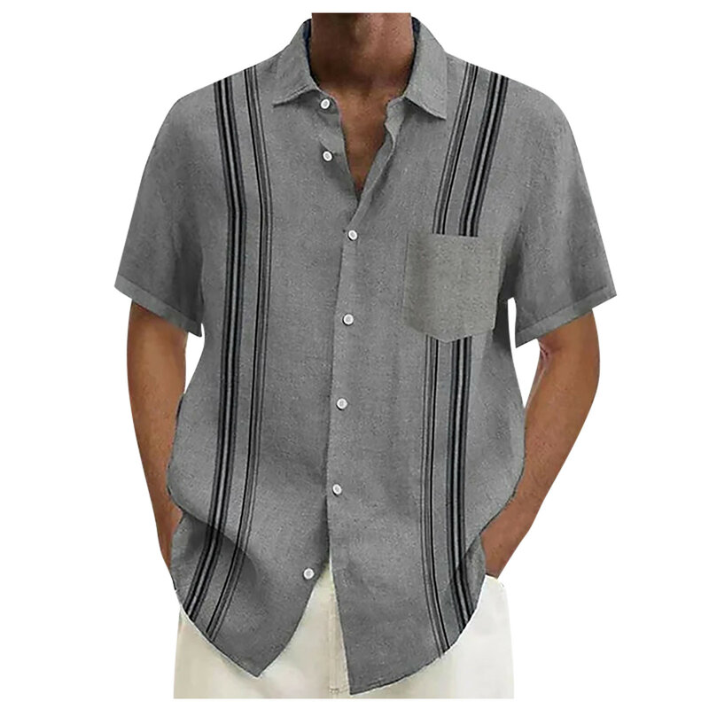 Camisas masculinas de linho de algodão, manga curta, blusas casuais masculinas, gola virada para baixo sólida, camisas formais de praia, verão