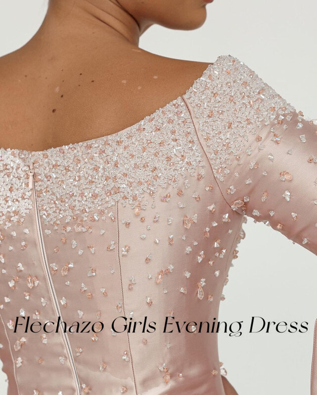 Flechazo 핑크 새틴 무도회 드레스, 보트 넥 구슬 장식, 풀 슬리브 인어 정식 행사 원피스, 2024