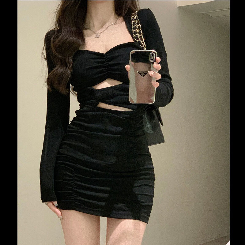 HOUZHOU Sexy Bodycone Woman Dresses Black Mini Long Sleeve Short Party Dress Square Neck Slim Vintage Casual Y2k Elegant Korean