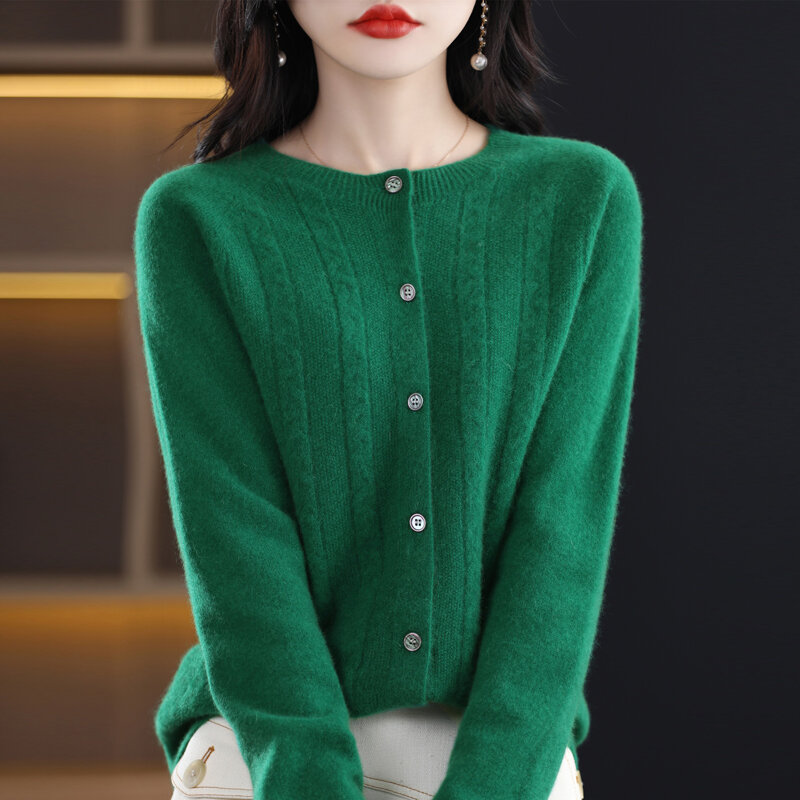 Solid Color 100 Pure Wool Cardigan, Spring  Autumn Ready-To-Wear, Loose Coat, Twisted Flower Temperament Sweater, Korean Version