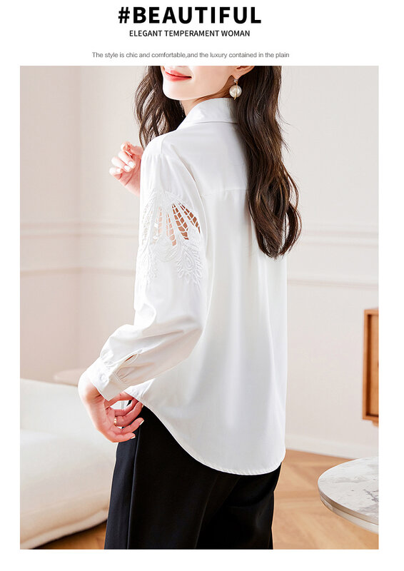 Camisa con cuello vuelto para mujer, ahuecada Blusa plisada con manga, Patchwork bordado, temperamento, a la moda, color blanco