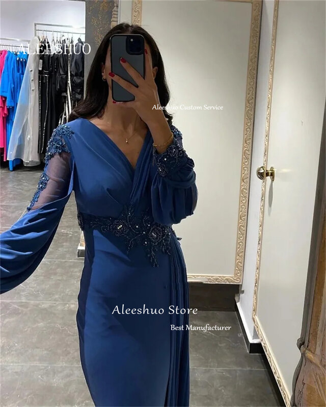 Aleeshuo-vestido de noche de sirena azul real con cuello en V, vestido Sexy con cuentas brillantes, vestido de fiesta de graduación, vestido de noche con abertura lateral