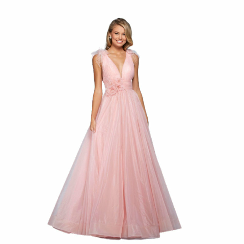 2024 baru gaun pesta Organza kerah V merah muda SH-037