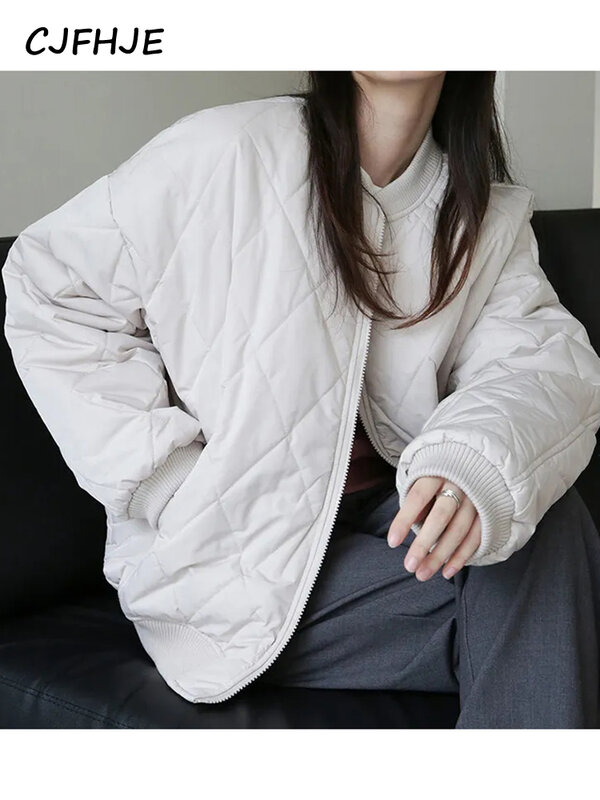 CJFHJE Korean Style Zipper Baseball Jackets Ladies Autumn Winter Short Bomber Jacket Outwear Women Solid Thick Warm Cotton Coat