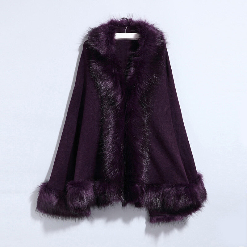 Pakaian luar hangat kasual wanita, mantel rajut ukuran besar modis warna polos kerah bulu rubah imitasi baru musim dingin 2023