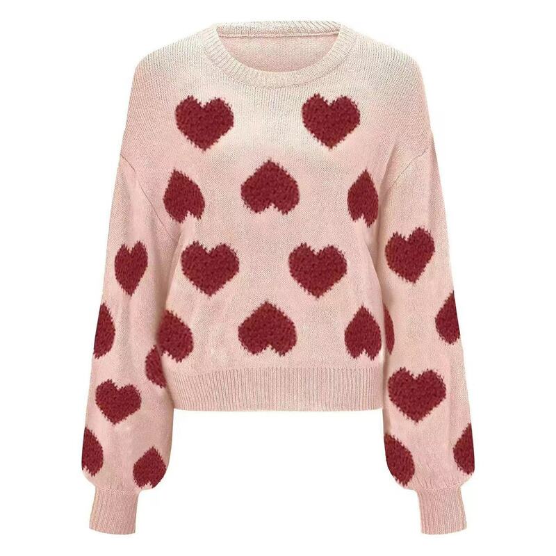 여성용 라운드 넥 풀오버 스웨터, 사랑 패턴 니트웨어, 2024 용수철 신상