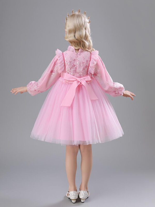 Fiocco bottone manica lunga stile autunno fiore ragazze abiti principessa occasioni speciali Costume personalizzato vestiti per bambini 2023