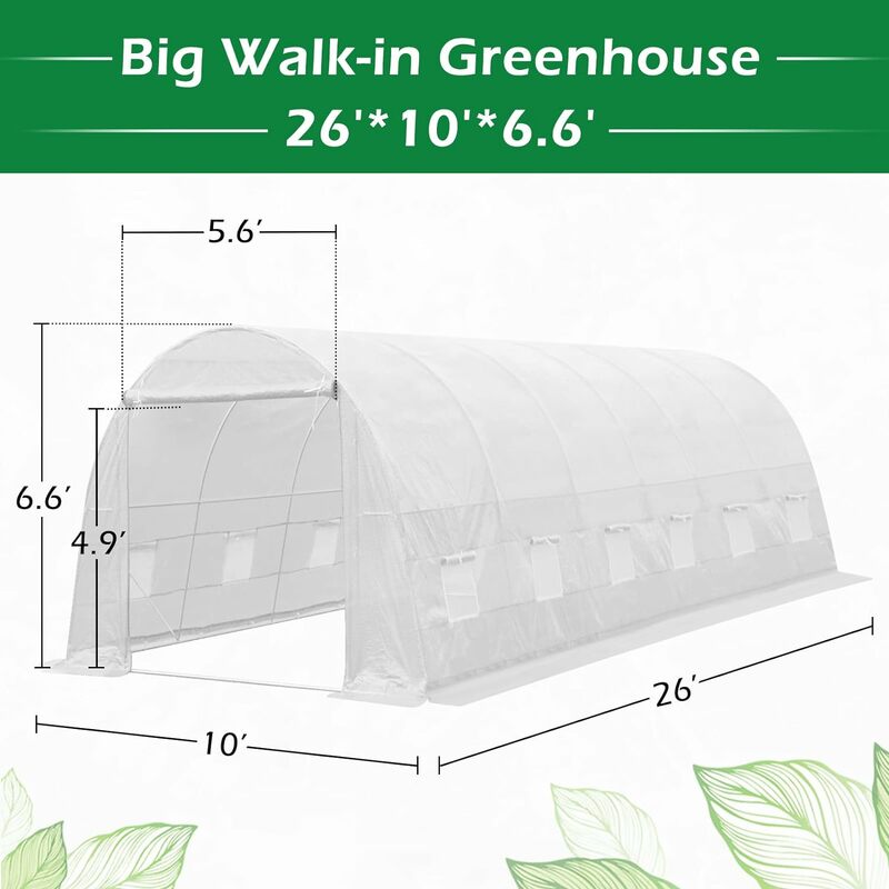 온실 대형 원예 식물 핫 하우스, 휴대용 워킹 인 터널 텐트, 흰색, 26 'x 10' x 7'