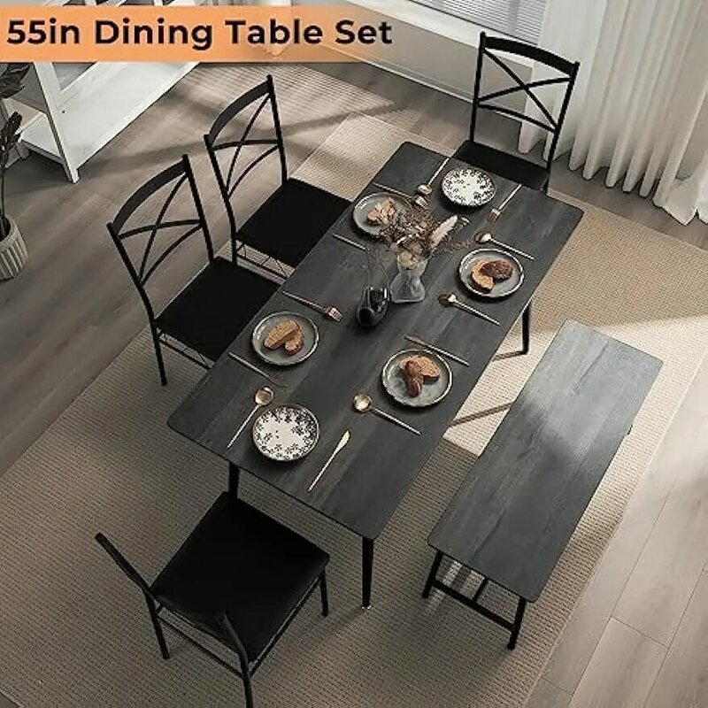 55in moderner Esstisch für 6 Personen, rechteckiger Esstisch, Bank, 6-teiliges Esstisch set aus Holz und gepolsterte Stühle