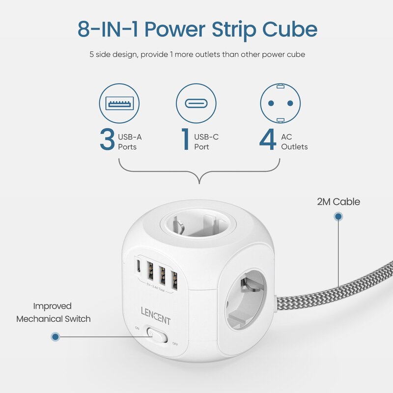 LENCENT EU Plug Power Strip with 4 AC Outlets 3 USB Port 1 Type C 2M/3M Braided Cable Multi Socket with Switch for Home