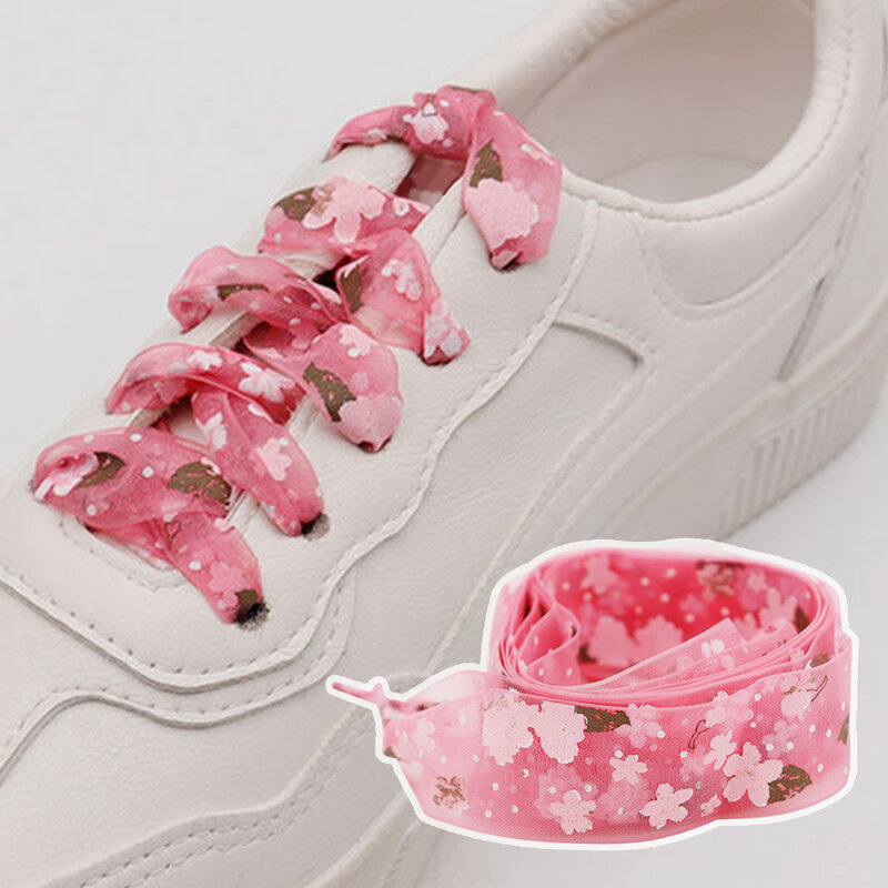 1Pair Organza Shoe strings Women Cherry Shoelaces Flat Lace Satin Ribbon canvas shoes shoelace Sneakers Sport Shoes Laces Gift