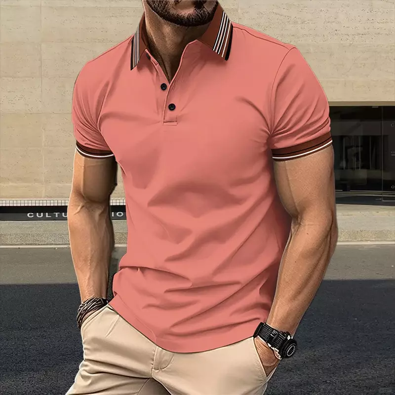 Fashionable men's striped collar Polo shirt T-shirt business wrinkle resistant street wear casual men's breathable top