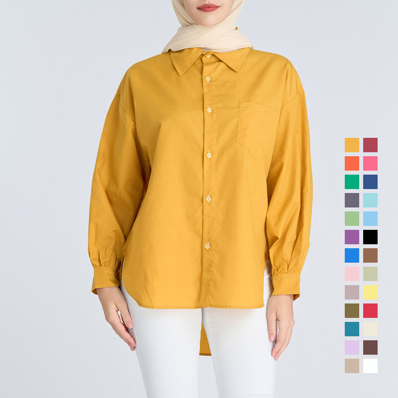 Blusa básica monocromática para mulheres, gola virada para baixo, camisa de manga comprida, decoração de bolso, tops femininos, muçulmana, Dubai, Islã, 2023
