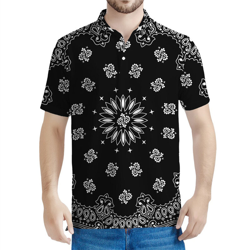 Camisa polo estampada em 3D Paisley masculina, padrão floral boêmio, manga curta, camiseta de lapela de verão, camiseta casual, preto e branco