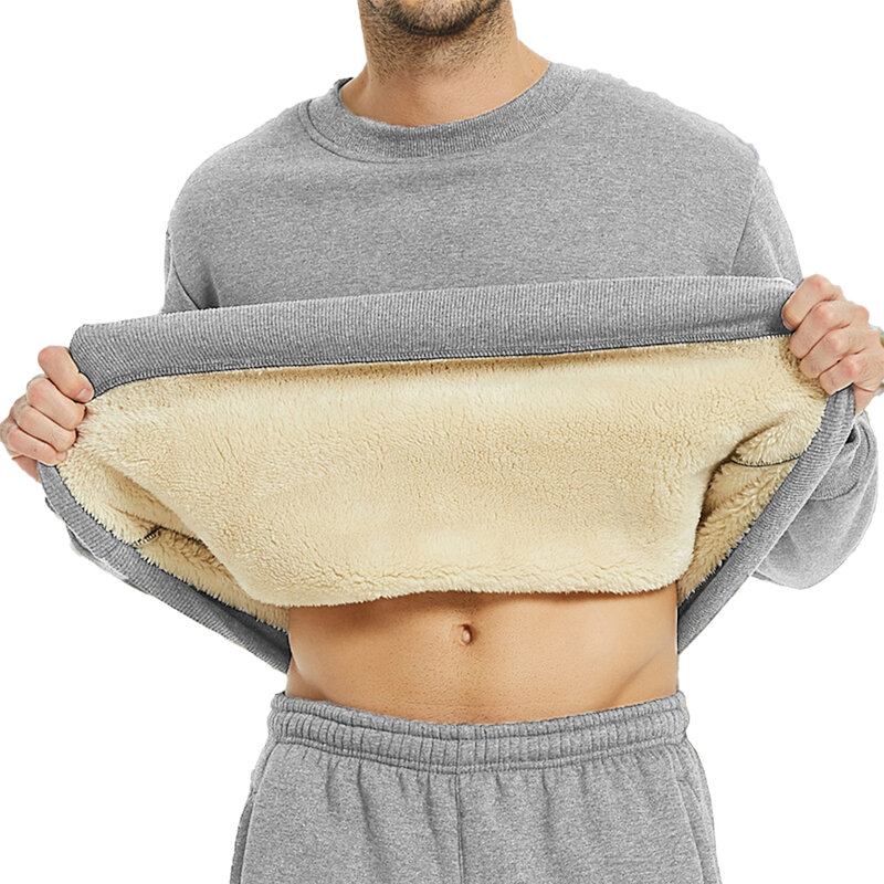 Зимняя мужская теплая футболка с флисовой подкладкой, толстый однотонный свитшот с круглым вырезом, термобелье, топы, одежда для мужчин