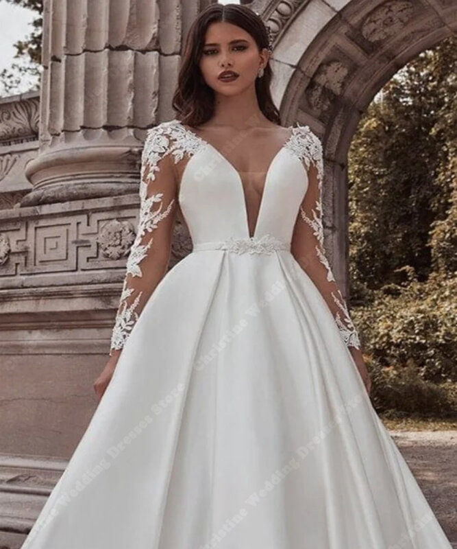 2024 weiße Frauen Brautkleider A-Linie lange Ärmel Spitze Abziehbilder Wisch länge Brautkleider elegante Prinzessin Vestido de Fiesta