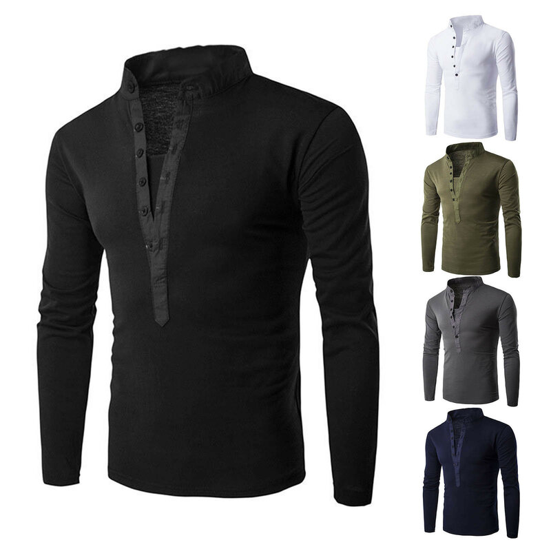 Men'S Solid Color Stand Up Casual Fashion Button Placket Slim Long Sleeved T Shirt Tee Top Dark