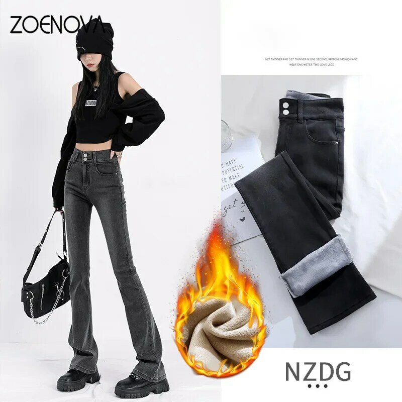 ZOENOVA 2022 Jeans Wanita Bulu Serbaguna Seksi Kasual Celana Kaki Lurus Kualitas Tinggi Jeans Wanita Fashion Kasual Musim Dingin