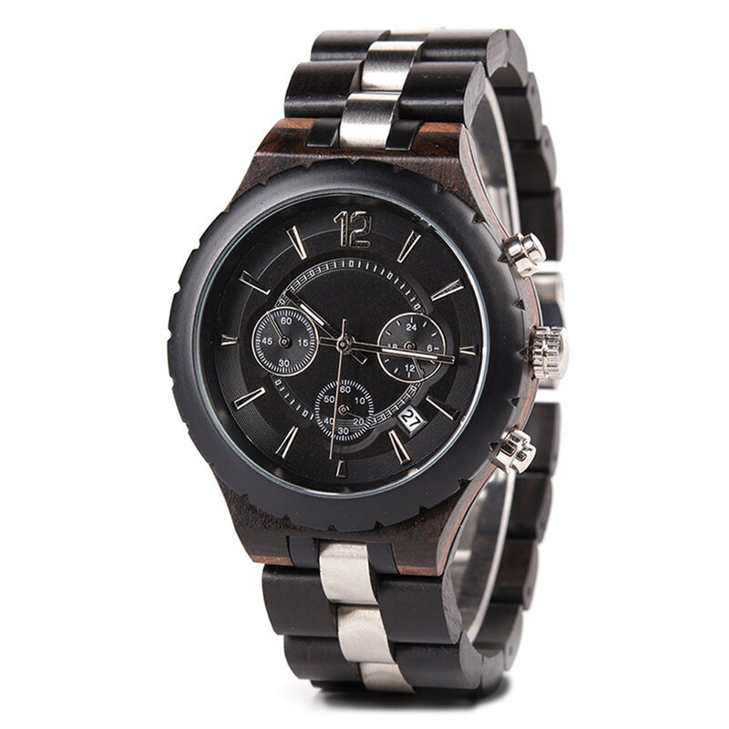 Men's Multifunctional Wooden Stainless Steel Combined Analog Quartz Watch,  Casual Trend Creative Display Calendar Wristwatch
