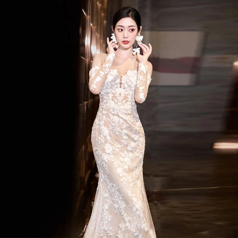Женское свадебное платье с юбкой-годе, кружевное платье с открытыми плечами и вырезом лодочкой, на молнии, в Корейском стиле, 2024