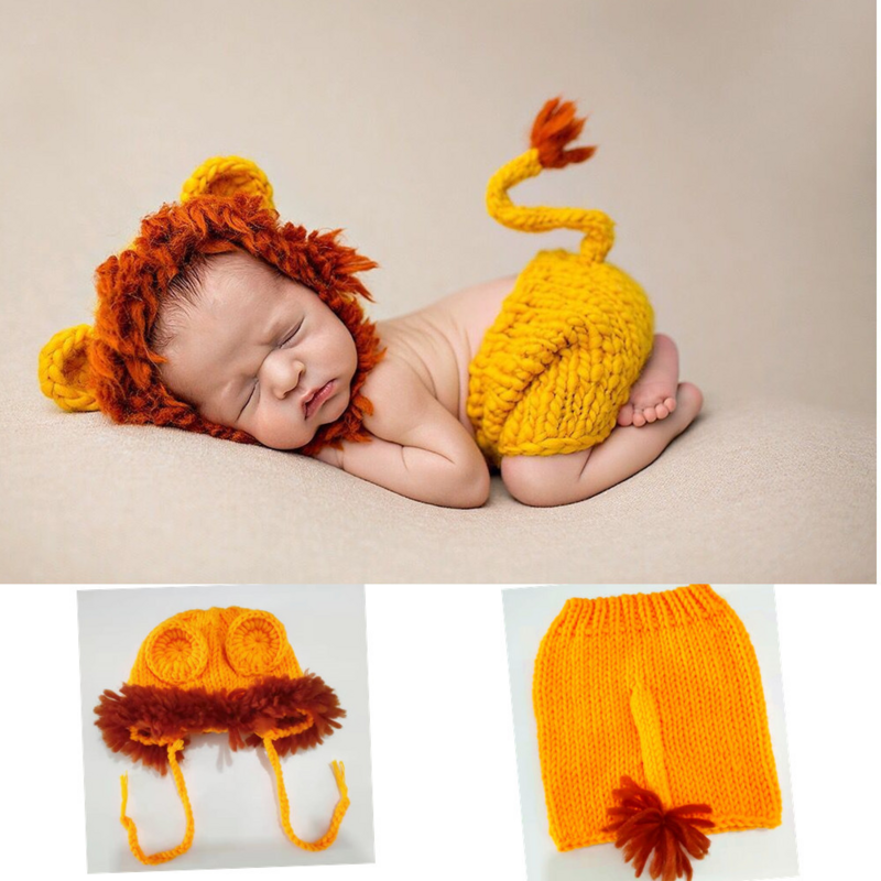 Kostum rajutan tangan Halloween pemotretan untuk bayi laki-laki alat peraga fotografi pakaian bayi baru lahir hadiah 0-6m Set celana singa