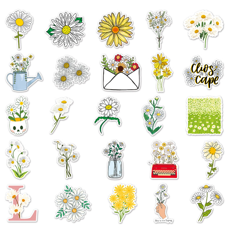 50 buah stiker grafiti seri Daisy kecil cocok untuk helm Laptop Dekorasi Desktop mainan stiker DIY grosir