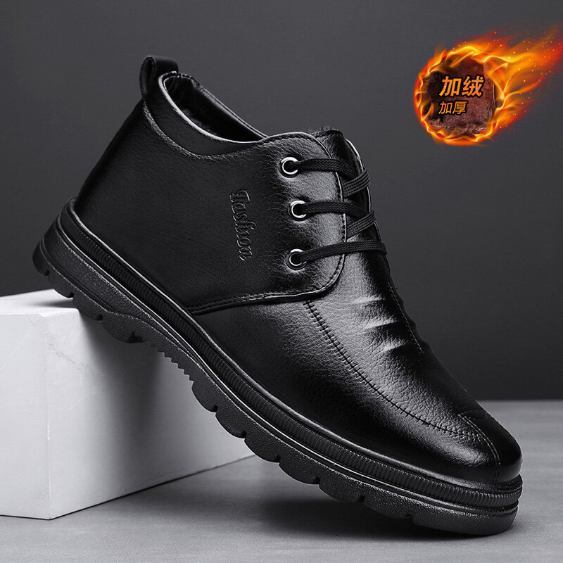 Men's Warm Leather Shoes Winter Black Lace-up Comfortable Plus Velvet Thickened Casual Shoes Cold-proof Daily Outdoor Footwear