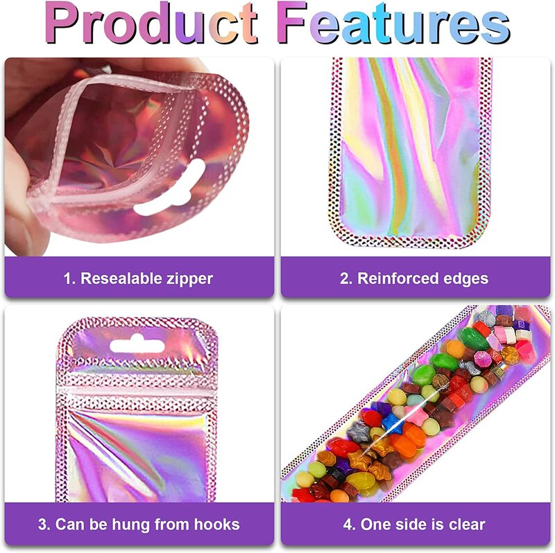 50pcs Long Iridescent Ziplock Bag Transparent Laser Plastic Seal Bags for DIY Jewelry Display Handicrafts Nail Eyelash Packaging