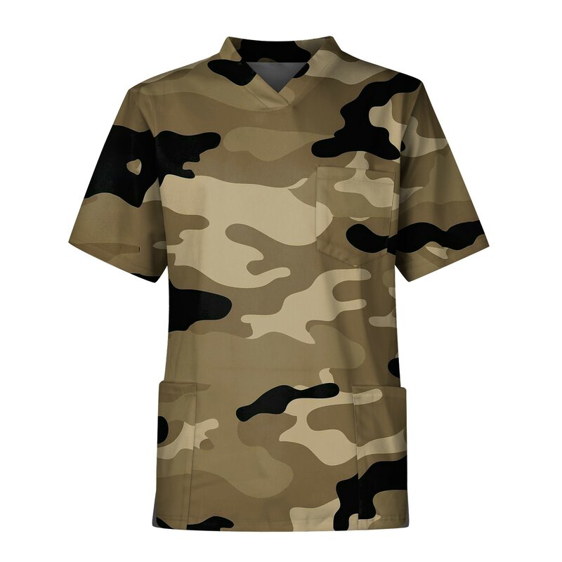 Men'S Fashion Camouflage Short Sleeve V-Neck Tops Working Pocket Blouse Male Scrub Nurse Working Uniform T-Shirts Workwear Tee