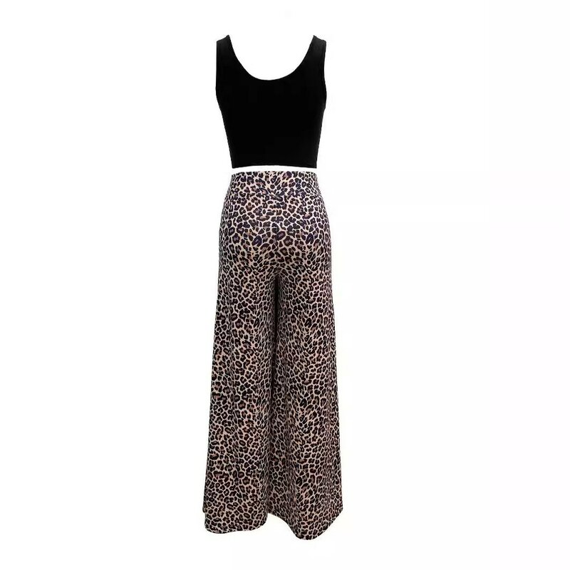 Colete curto sem mangas e calças largas para mulheres, estampa leopardo na moda, moda casual de verão, simples 2 peças, 2024