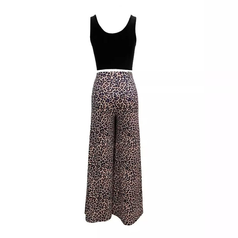 Colete curto sem mangas e calças largas para mulheres, estampa leopardo na moda, moda casual de verão, simples 2 peças, 2024