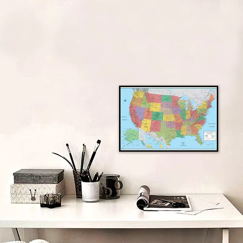 Peta Amerika Serikat Dalam Bahasa Inggris Poster Seni Dinding Non-woven Lukisan Kanvas Tanpa Bingkai Cetakan Dekorasi Rumah Perlengkapan Kantor 59*42Cm