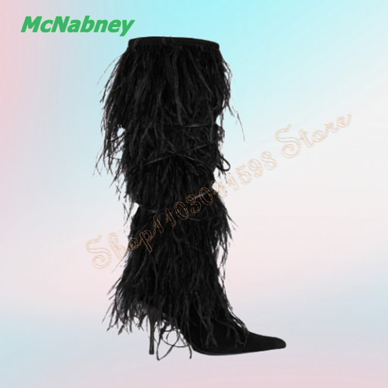 Suede Ostrich Feather Knee High Boots Classic Pointed Toe Stiletto Boots for Women Party HIgh Boots 2024 New Zapatos Para Mujere