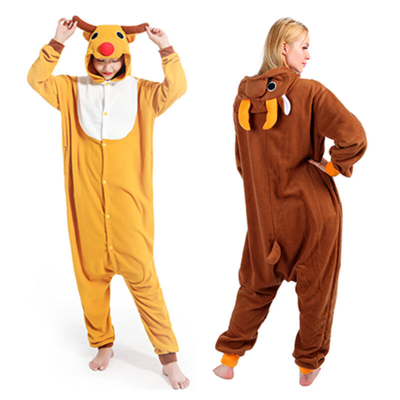 Mulheres laranja ou marrom cervo macacão com capuz, imagem animal selvagem pijama, roupas para casa, roupas de festa, traje adulto, novo
