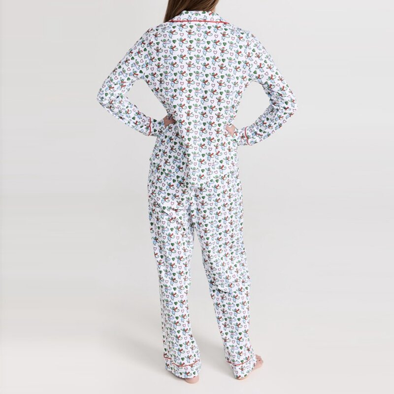 Women 2 Piece Pajama Set Cartoon Print Long Sleeve Button Up Shirt Tops + Pants Set Sleepwear Loungewear Female Matching Suit