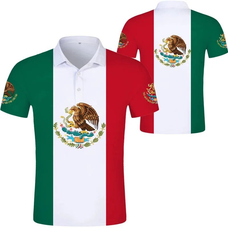Kaus Polo motif 3D bendera Meksiko untuk pria wanita atasan modis kaus Polo kerah Lapel kancing lengan pendek kualitas tinggi