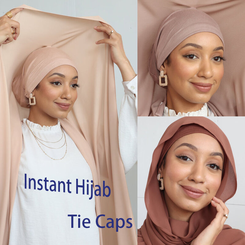 Hijab Chiffon lenço com gravata, Bonnet, Instant Hijabs, Jersey Caps, Brand Design, lenço muçulmano, Ready to Wear
